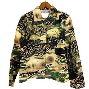Vintage Life Style Button Front Jacket Sequin Gold Metallic Olive Artsy Camo - L